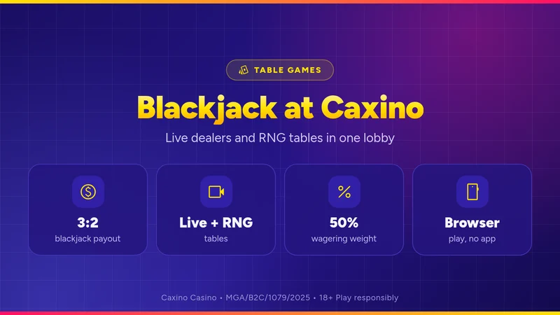 Blackjack at Caxino card: 3:2 blackjack payout, live and RNG tables, 50% wagering weight, browser play with no app