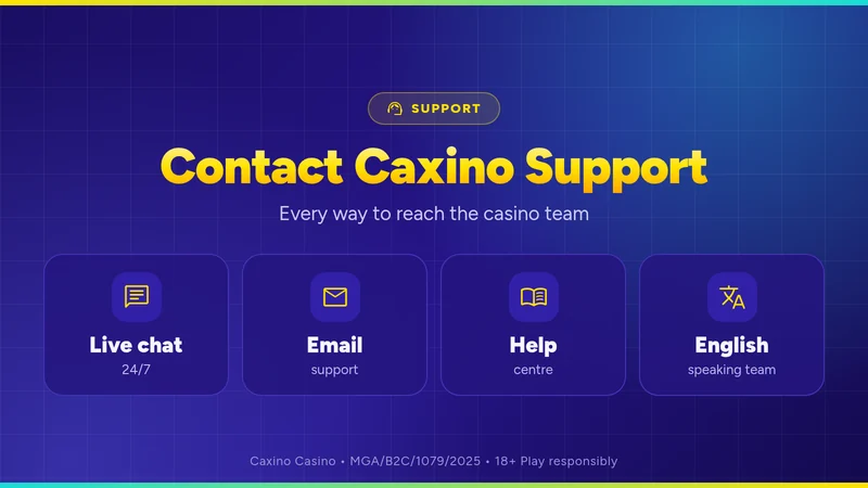 Contact Caxino Support card with four tiles: live chat 24/7, email support, help centre and English-speaking team